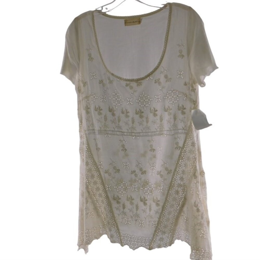 Johnny Was 4 Love and Liberty NWT Silk Blend Cream Eyelet Sheer Top, Size Small